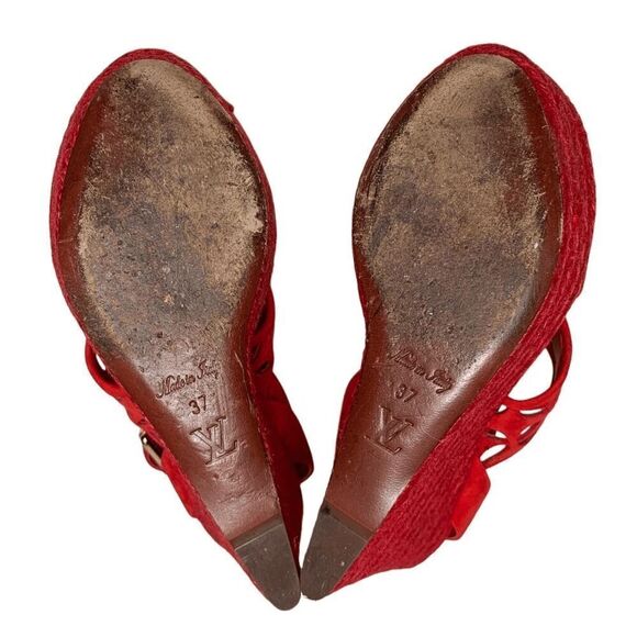 Louis Vuitton Ankle Wrap Espadrille Lasercut Logo Wedge Suede Sandals EU 37 US 7 - Picture 8 of 8